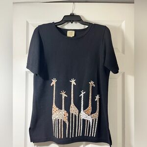 Teddi Womens Black Ribbed Giraffe Graphic Short Sleeve Knit Top Small